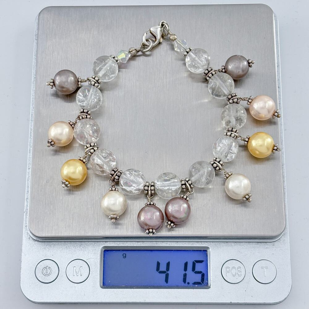 Vintage Sterling Silver 925 Quartz Imitation Pearl Bracelet 7.5" - Picture 9 of 9